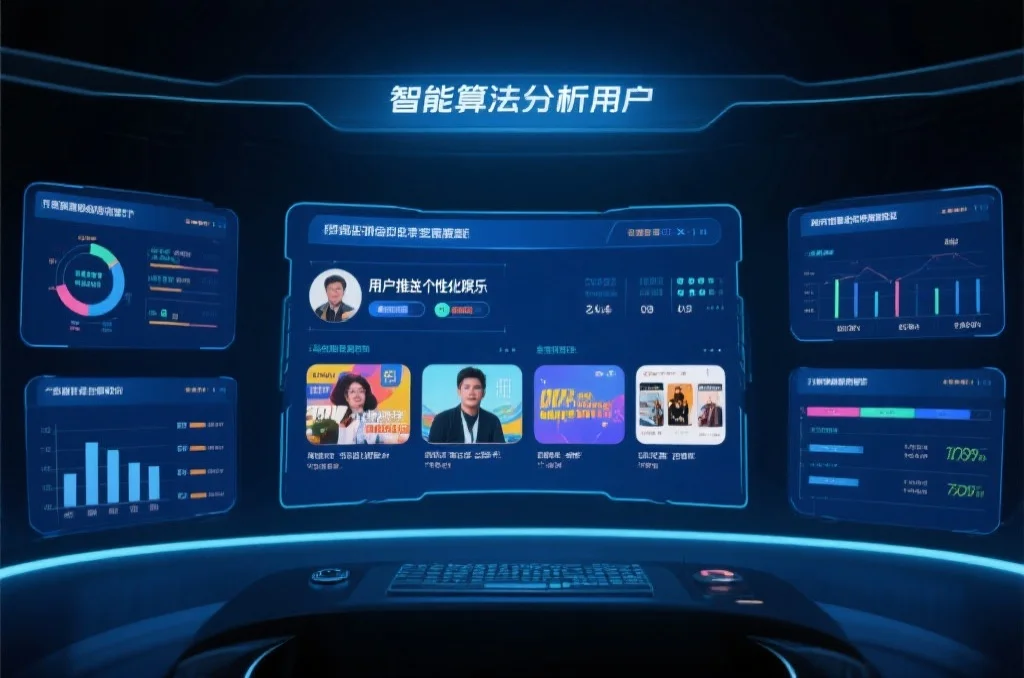 智能算法分析用户数据，为用户推送个性化娱乐内容的场景图，突出科技感